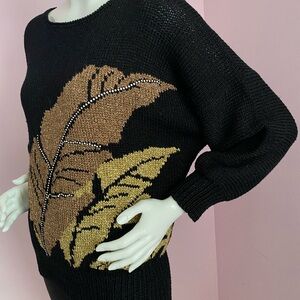Vintage Nannell Pullover Sequin Metallic LARGE Drop Shoulder Ribbed Black Gold